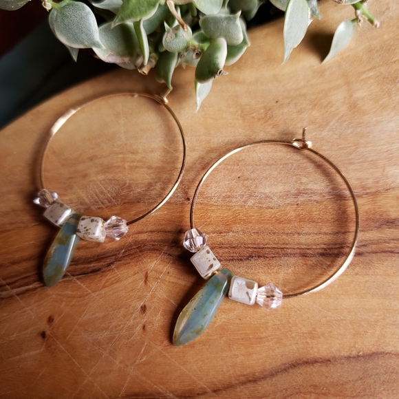 Tear Drop Turquoise Czech Beads x Crystals Hoops - Picture 3 of 5